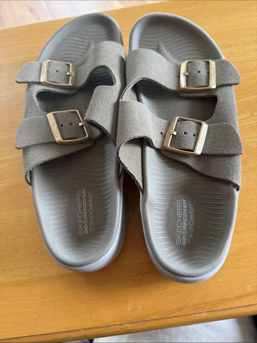 Skechers Women's Taupe Double-Buckle Slide Sandals